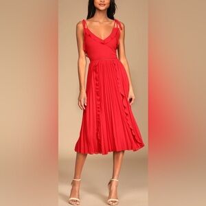 NWT Lulu’s Never a Dull Moment Tie Strap Pleated Midi Dress in Bright Red - L‎